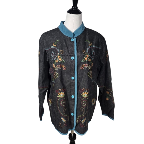 Denim & Co 1X Black Denim Blue Trim Embroidered Button Down Shirt Jacket NWT - Picture 1 of 8
